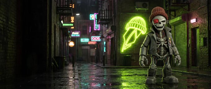 A stylized digital artwork features a skeleton character with a red beanie and glowing red eye standing in a neon-lit, rainy cyberpunk alleyway, with a glowing green ice cream cone logo behind it.