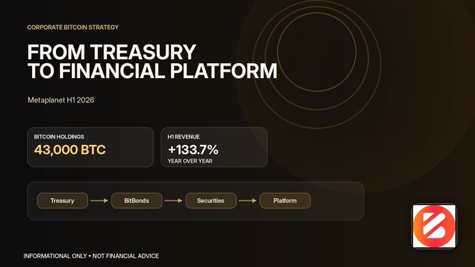 A presentation slide titled 'CORPORATE BITCOIN STRATEGY: FROM TREASURY TO FINANCIAL PLATFORM' for 'Metaplanet H1 2026' highlights '43,000 BTC' in Bitcoin Holdings and a '+133.7% YEAR OVER YEAR' H1 Revenue increase, with a Metaplanet logo.