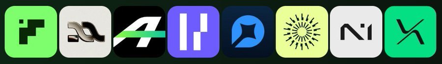 A horizontal row of eight colorful app icons with various logos including a stylized 'F', abstract designs, and geometric symbols on green, white, black, and purple backgrounds.