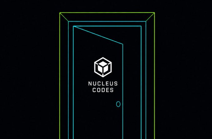A neon-style outline of a door in green and blue with a hexagonal logo and the text 'NUCLEUS CODES' on the door.