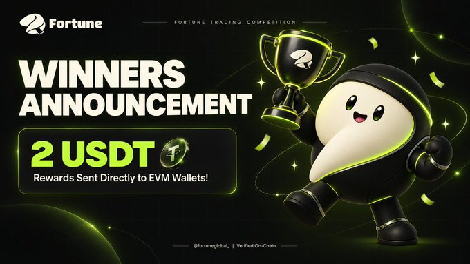 A 'Fortune Trading Competition' winners announcement graphic offering '2 USDT Rewards Sent Directly to EVM Wallets!' featuring a cartoon ninja mascot holding a trophy.