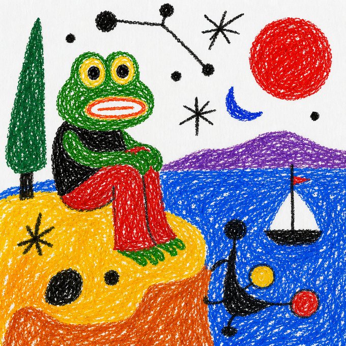A colorful crayon-style drawing of a green frog-like character with large eyes sitting on a cliff overlooking the sea, featuring a sailboat, a stick figure swimmer, and a red sun.