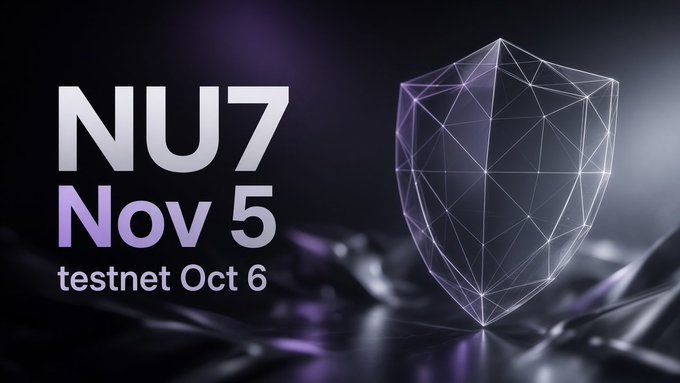 A promotional graphic with the text 'NU7 Nov 5 testnet Oct 6' alongside a geometric purple wireframe shield icon on a dark background.
