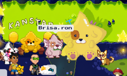 Promotional image for 'KANSTAR' featuring cartoon animals including a large dog balloon with 'Brisa.ron' displayed on it, along with various cute character illustrations.