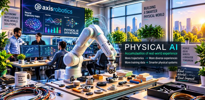 A promotional banner for @axisrobotics showcasing 'PHYSICAL AI' and 'BUILDING A SMARTER PHYSICAL WORLD,' featuring a robotic arm in a high-tech workspace with text like 'Accumulation of real-world experience' and 'More trajectories = More diverse experiences.'