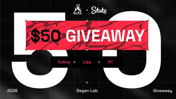 A bold promotional graphic announcing a **$50 GIVEAWAY** in partnership with **Stake**, featuring a large red and black design with instructions to Follow, Like, and RT. The image directly supports the post by visually highlighting the giveaway details and entry requirements for users to drop their Stake usernames in the comments.