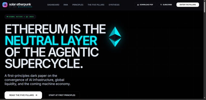 The image shows a website with a black background featuring white text that reads "Ethereum is the Neutral Layer of the Agentic Supercycle." The website also displays a blue triangle symbol, which could be interpreted as an AI logo or a symbol related to cryptocurrency. The image seems to be promoting the idea of cryptocurrency and its impact on society.