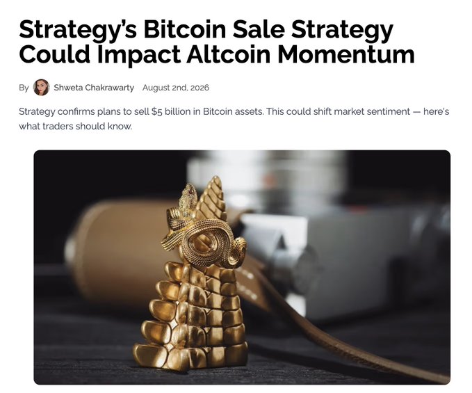 A news article titled "Strategy's Bitcoin Sale Strategy Could Impact Altcoin Momentum" features a close-up image of a gold bull figurine with a stack of gold coins and what appears to be a Bitcoin coin on top, visually representing the bullish crypto market sentiment amid Strategy's (formerly MicroStrategy) planned $5 billion Bitcoin asset sale.