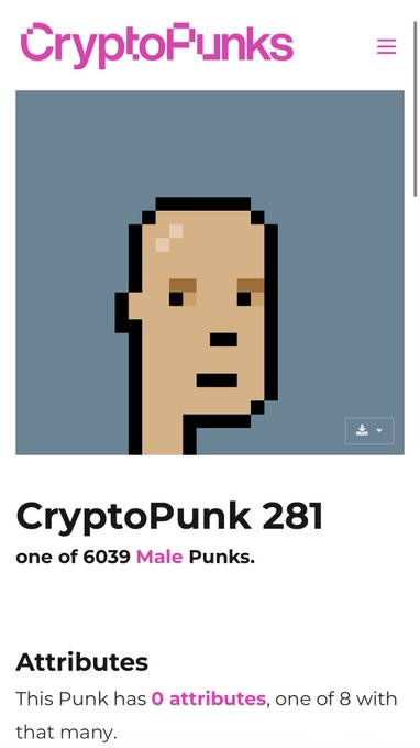 A CryptoPunks webpage showing 'CryptoPunk 281', described as 'one of 6039 Male Punks' with '0 attributes, one of 8 with that many.'