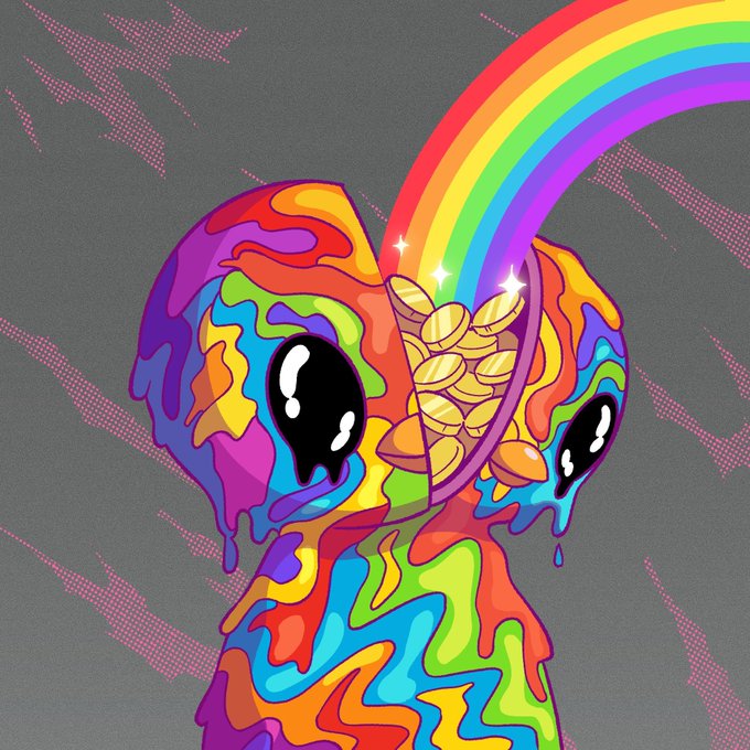 A colorful, melting cartoon figure with big sad black eyes has its head split open, revealing a pile of gold coins and a bright rainbow arching out into a gray sky with pink lightning bolts. The image visually echoes "GM B" (Good Morning Bitcoin) through its gold-filled character and rainbow symbolizing a vibrant crypto sunrise, capturing an energetic yet chaotic "good morning" mood.