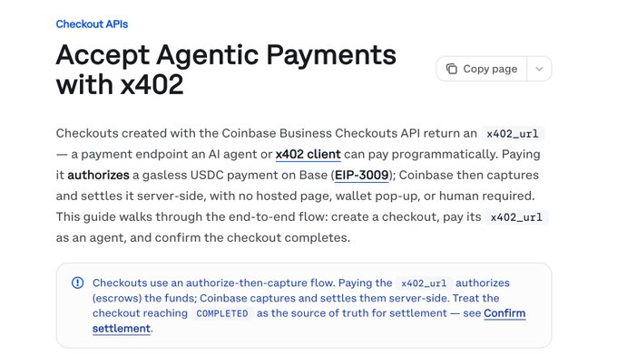 This image is a screenshot of documentation explaining how to "Accept Agentic Payments with x402" using the Coinbase Business Checkouts API, which allows for programmatic payments by AI agents. The text and the title "Accept Agentic Payments with x402" directly support the accompanying post about accepting human + agent payments in a single integration without code changes.