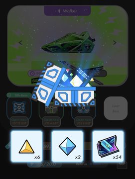 A mobile game interface showing a 'Walker' vehicle in a dark sci-fi setting with a blue crate opening to reveal rewards of x6 triangular tokens, x2 blue gems, and x54 crystals.