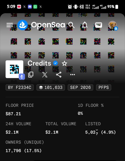 A mobile screenshot of the OpenSea app showing the 'Credits' NFT collection page with a floor price of $87.21, 24H volume of $2.1M, and 17,796 unique owners.