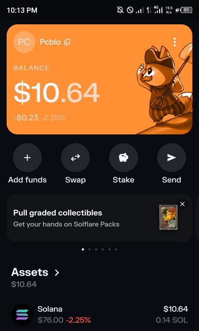 Mobile screenshot of a crypto wallet app showing a 'PcbIo' balance of $10.64 (-$0.23, -2.25%) with options to Add funds, Swap, Stake, and Send, and assets listed including Solana at $10.64 (0.14 SOL).
