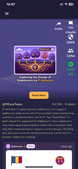 A mobile screenshot of the Pi Network app's PiCoreTeam feed displays an article titled "Exploring the Design of Stablecoins on Pi Network," featuring an illustration of tree-like coins with the Pi logo at their roots. The post by @PiCoreTeam from Oct 9th discusses how stablecoins serve as complementary tools to Pi, supporting additional utility within the ecosystem while Pi remains the mainstream currency.