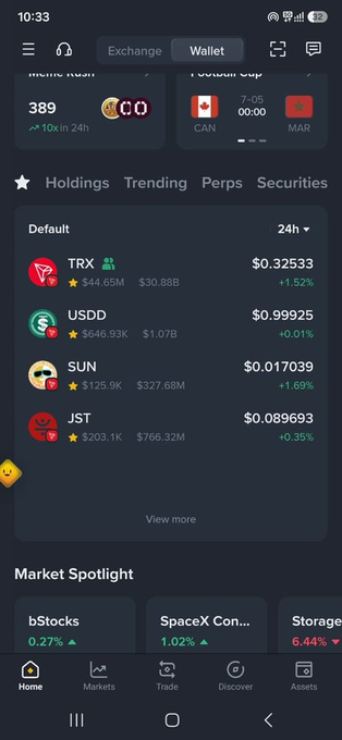The image shows a cryptocurrency wallet interface displaying holdings including TRX at $0.32533 (+1.52%) and USDD at $0.99925 (+0.01%), illustrating the Binance Web3 Wallet where users can track TRON ecosystem assets mentioned in the post about TRON DeFi Summer security infrastructure.
