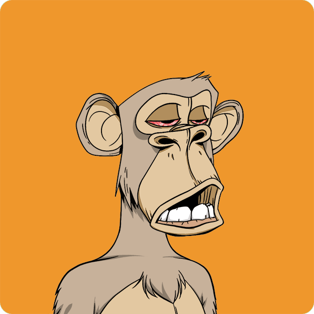 A cartoon illustration of a tired-looking monkey with drooping eyelids, prominent ears, and bared teeth against a solid orange background, depicting the famous Bored Ape Yacht Club NFT style.