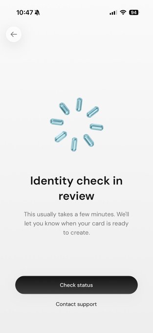 A mobile phone screen displays an 'Identity check in review' message with a loading icon and buttons for 'Check status' and 'Contact support'.