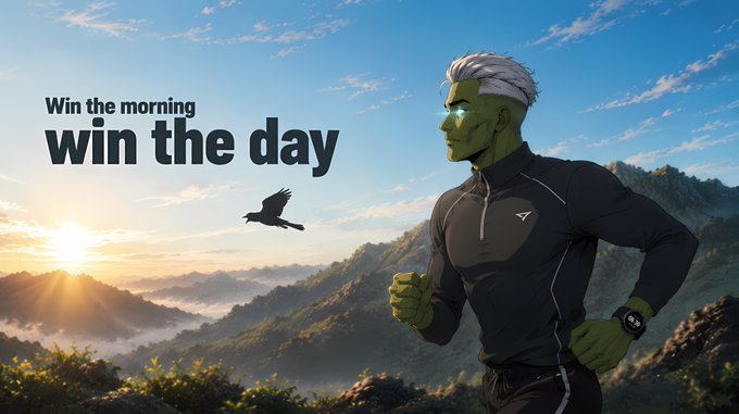An athletic-themed promotional image with the text 'Win the morning, win the day', depicting a green-skinned humanoid figure with white hair running at sunrise in a mountainous landscape, accompanied by a flying bird.