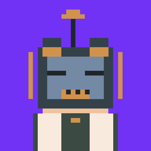 A pixel art style character with a blue face, orange accents, and an antenna on its head against a purple background.