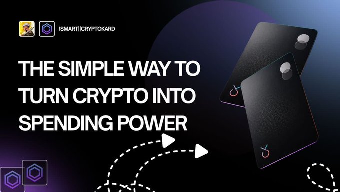 A promotional graphic for iSmart iCryptoKard featuring two black cards with the brand's logo, accompanied by the tagline "THE SIMPLE WAY TO TURN CRYPTO INTO SPENDING POWER," aligning with the post's message about converting crypto into everyday purchasing power.