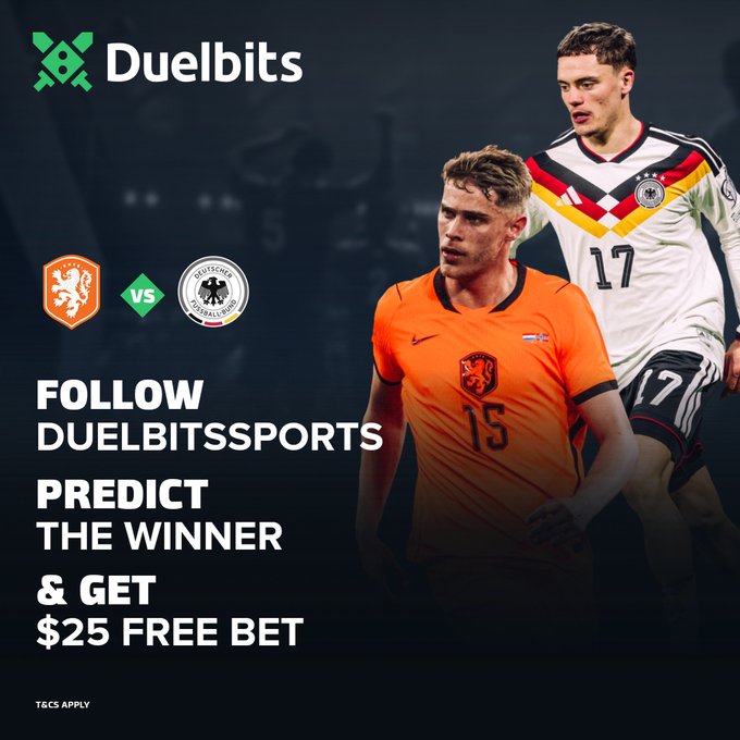 A promotional graphic for Duelbits featuring Netherlands player #15 and Germany player #17, advertising a $25 free bet giveaway for predicting the winner of the Netherlands vs. Germany Nations League matchup, with instructions to follow @DuelbitsSports for entry.