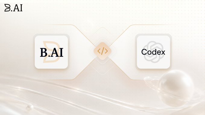 The image shows a graphic connecting "B.AI" and "Codex" with a code icon </> between them, set against a cream-colored background with a pearl-like sphere. This visually represents that Codex now supports B.AI, illustrating the integration between the two AI platforms as indicated by the post "Codex已经支持了" (Codex now supports).
