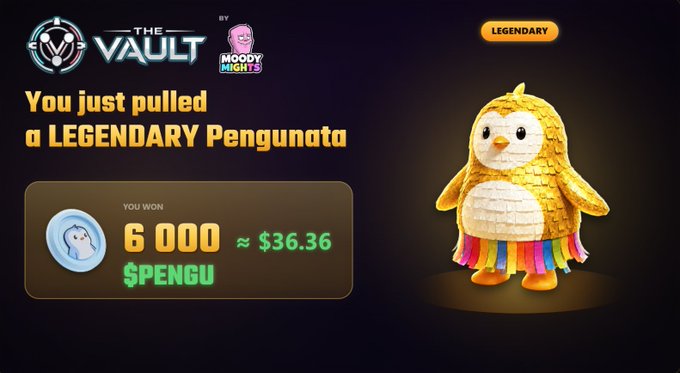 The image displays a "Legendary" Pengunata plush pull from "The Vault" by Moody Nights, showing the player won 6,000 $PENGU (~$36.36). This matches the post about playing a new Moody game for 2 hours and earning 6K $PENGU through the game's vault mechanic.