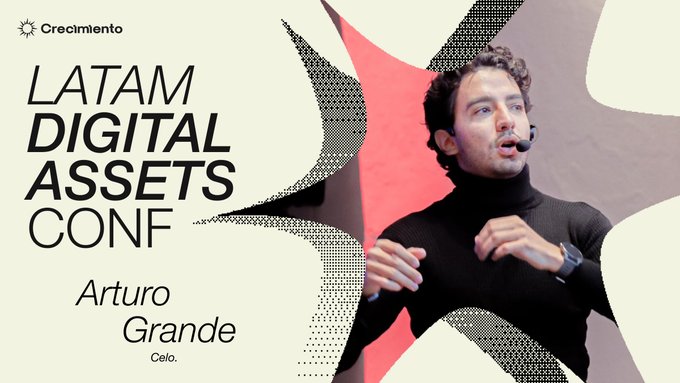 Promotional graphic for the LATAM Digital Assets Conf featuring speaker Arturo Grande from Celo, shown in a black turtleneck gesturing while wearing a headset microphone, with the Crecimiento logo and event title displayed against an abstract red and halftone-patterned background.