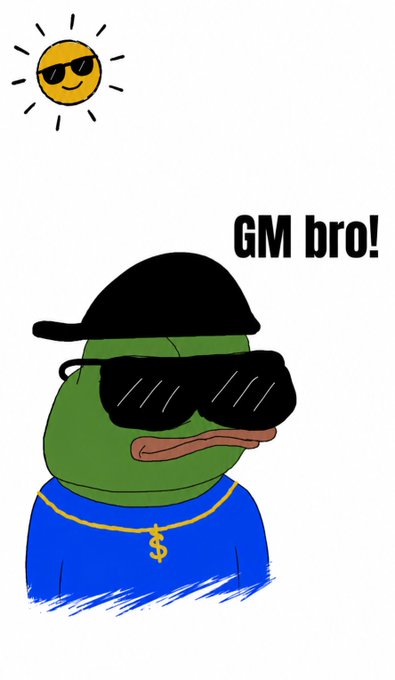 A cartoon Pepe the Frog wearing a black cap, large sunglasses, a blue shirt, and a dollar sign necklace, with 'GM bro!' text and a smiling sun.