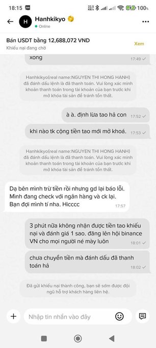 A Vietnamese-language chat screenshot with a user named 'Hanhkiyo' discussing a USDT transfer of 12,688,072 VND and a scam complaint.