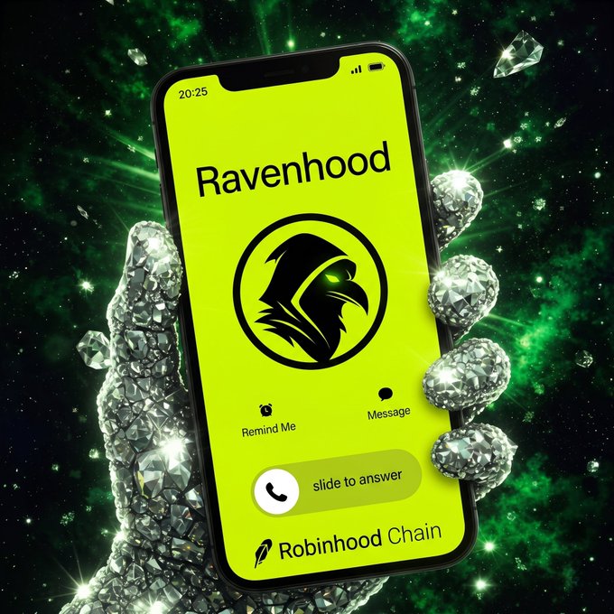 A glittering, diamond-encrusted hand holds a smartphone displaying an incoming call from "Ravenhood," with the Robinhood Chain logo and "slide to answer" prompt on a bright neon-yellow screen set against a cosmic green background—visually reinforcing the post's pitch that the $RVHProtocol token is a rare, early-stage gem on the Robinhood Chain.