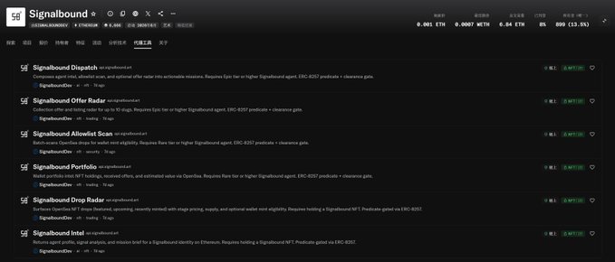 The image shows the Signalbound NFT collection page on OpenSea, listing multiple "agents" including Signalbound Dispatch, Signalbound Offer Radar, Signalbound Allowlist Scan, Signalbound Portfolio, Signalbound Drop Radar, and Signalbound Intel—each requiring high Signalbound agent scores and serving as NFT-backed AI agents built on the ERC-8257 standard, the post notes Signalbound is currently the only project to truly integrate the still-draft ERC-8257 AI agent identity standard co-authored by OpenSea engineers CodinCowboy and r_alx_z.