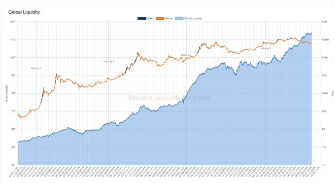 A chart titled "Global Liquidity" showing a steadily rising area chart of global liquidity alongside Bitcoin's price (labeled with 4 halving cycles), illustrating how Bitcoin tracks the expansion of global money supply—reinforcing the post's claim that only Bitcoin, as a finite asset, can keep pace with relentless money printing.