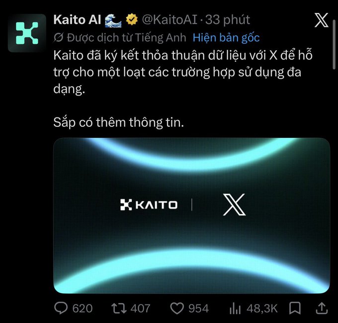 A tweet from Kaito AI (@KaitoAI) in Vietnamese announces a data agreement with X to support various use cases, accompanied by a graphic showing the KAITO and X logos with glowing teal waves.
