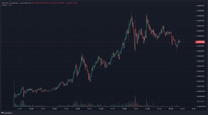 The image displays a 1-minute candlestick chart for XNXI/SOL on Raydium from TradingView, showing price action ranging from approximately 0.0008999 to 0.0009002 with notable volatility and an overall upward trend throughout the trading session. The chart visually represents the $RAKO token's price surge to a $1M market cap mentioned in the post, capturing the volatile pump action across the day from 13:00 to 21:00.