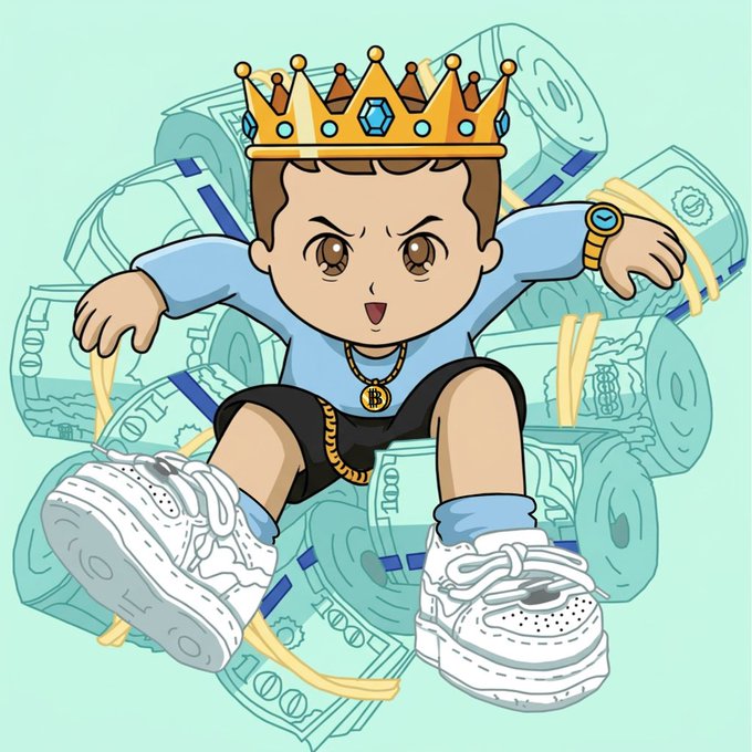 A chibi-style cartoon illustration of a young boy wearing a gold crown, a gold Bitcoin necklace, and a gold watch, sitting on a pile of bundled hundred-dollar bills while wearing white sneakers.