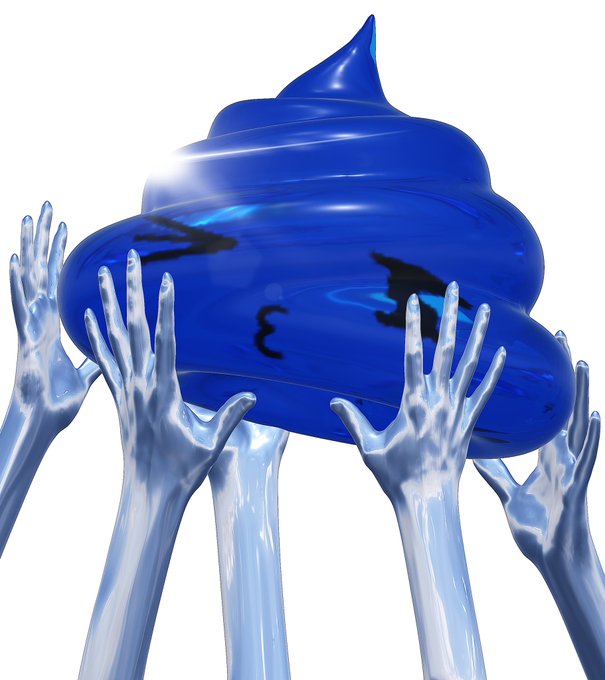 A 3D rendering of translucent, glass-like hands reaching up toward a glossy blue swirl or poop emoji shape against a white background.