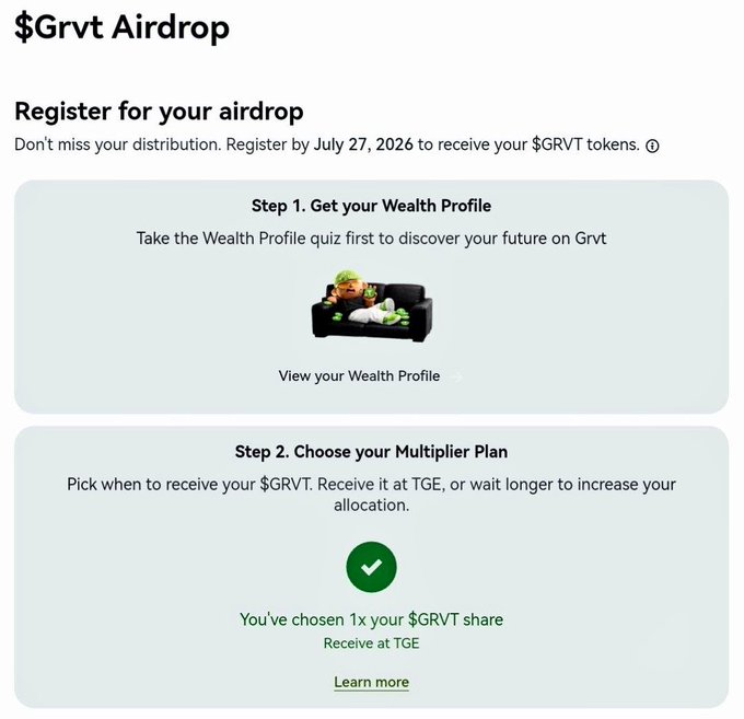 A webpage for '$Grvt Airdrop' showing a two-step registration process: Step 1 'Get your Wealth Profile' and Step 2 'Choose your Multiplier Plan' with the selection of 1x $GRVT share at TGE.