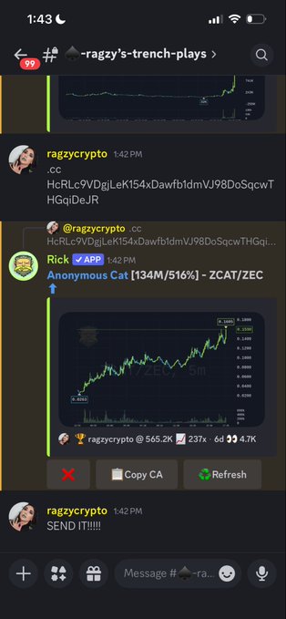 A Discord screenshot from "ragzy's-trench-plays" showing a 277x gain call on $ZCAT (Anonymous Cat) with a ZCAT/ZEC trading chart displaying a 134M/516% increase, where user "ragzycrypto" posts the contract address and celebrates with "SEND IT!!!!!" — directly supporting the post's claim of a 277x hit and successful frontrunning of other KOLs.