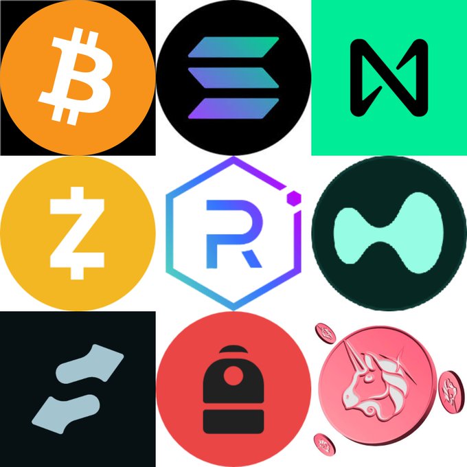 A collage of cryptocurrency logos including Bitcoin, Solana, NEAR, Zcash, an 'R' in a hexagon, a green infinity-like symbol, SafePal, a red circular logo, and a pink coin with a unicorn design.