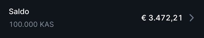 A wallet balance screen shows a holdings of 100.000 KAS, equivalent to €3.472,21, illustrating the user's first crypto purchase beyond Bitcoin—Kaspa ($KAS).