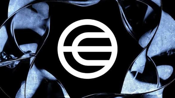 A stylized logo featuring a white circular emblem with horizontal lines, set against a dark, glossy, distorted background.
