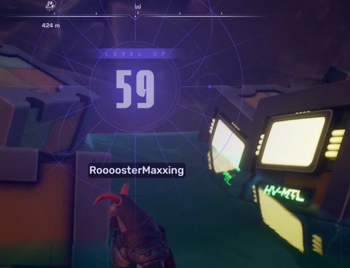 The image shows a video game scene with two TVs, one larger than the other, both displaying the same content. The larger TV has a green screen that says "Level up 59" at the top of its display. The smaller TV also has a green screen and displays the word "Level up". The background features a dark purple color scheme, which contrasts with the bright green screens on the TVs.