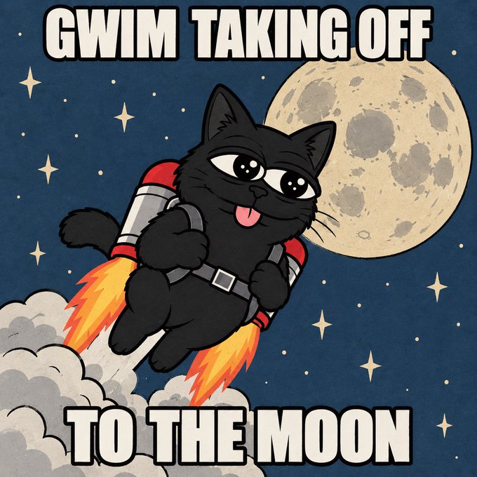 An illustration shows a black cat with a jetpack flying past a moon, with text reading 'GWIM TAKING OFF TO THE MOON'.