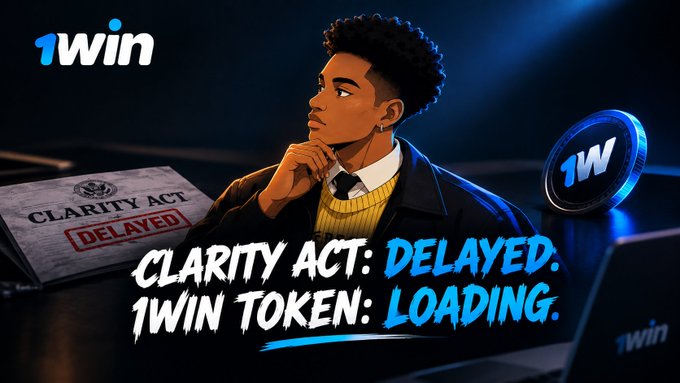 A stylized graphic features the "1win" logo alongside an animated young man in a suit in a contemplative pose, with a "CLARITY ACT" document stamped "DELAYED" and bold text reading "CLARITY ACT: DELAYED. 1WIN TOKEN: LOADING." The image visually reinforces the post's message about the stalled CLARITY Act legislation and teases the upcoming 1win token launch, suggesting that while regulators deliberate, 1win is preparing its next move in the crypto space.