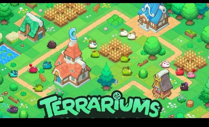 Colorful promotional artwork for the game 'Terrariums' displays an isometric village with houses, trees, crops, and round cute creatures on a grassy grid.