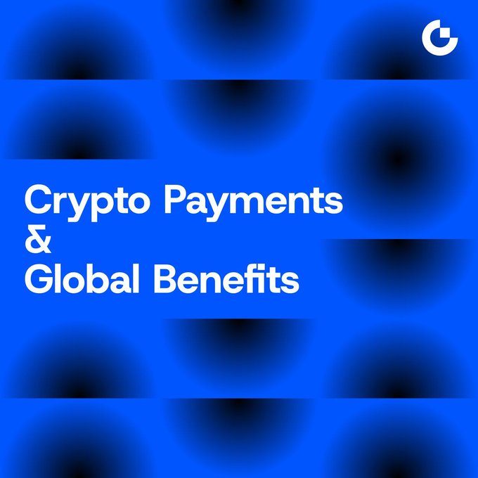 The image features a bold blue background with abstract dark gradient patterns and a white "G" logo in the upper right corner. Large white text on the left reads "Crypto Payments & Global Benefits," visually reinforcing the post's message about Gate Card's ability to spend crypto directly at millions of Visa merchants worldwide.