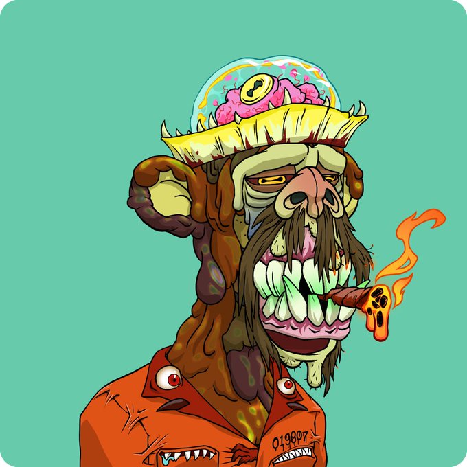 A cartoon illustration depicts a grotesque, decaying zombie-like character with an exposed brain, bulging eyes, and a lit cigar in its mouth, wearing an orange jumpsuit.