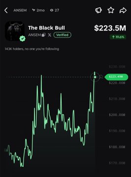 A screenshot of a crypto token page for 'The Black Bull' with a value of $223.5M, showing a 19.6% gain.